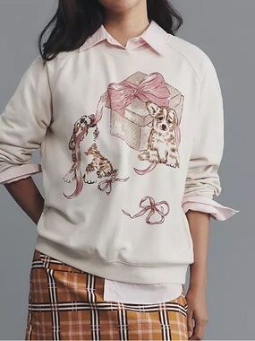 9S7.NWT Anthropologie × Maeve Animal Corgis Friends Crew-Neck Sweatshirt Oversiz